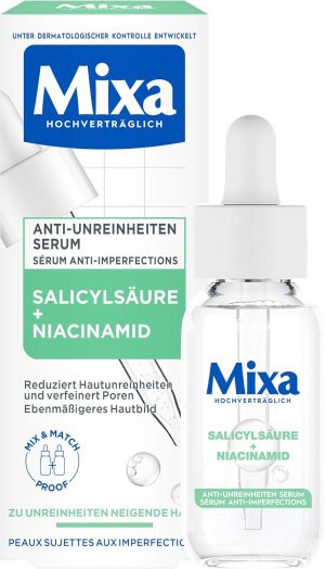 Mixa Anti-impurity serum, for acne-prone and sensitive skin, with salicylic acid, squalane and niacinamide, suitable for face and neck, hypoallergenic, 30 ml