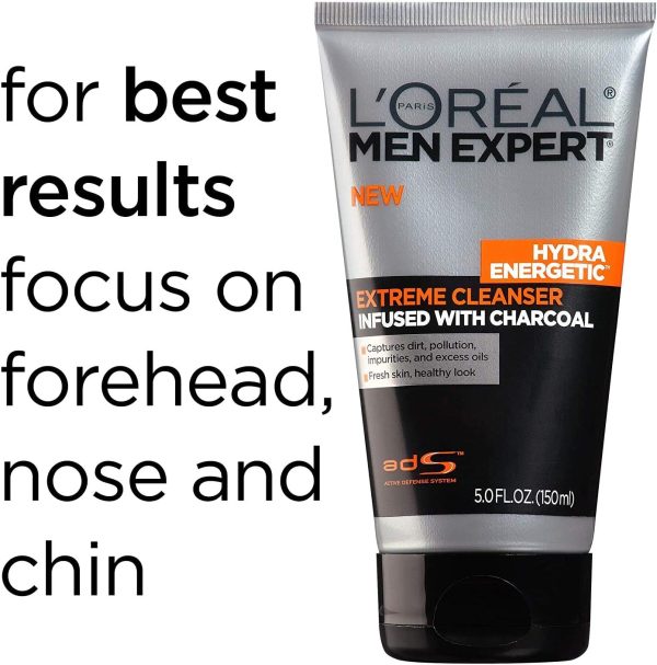 ⁦L’Oréal Paris Mens Face Wash, Beard and Skincare for Men, L'Oreal Skincare Men Expert Hydra Energetic Facial Cleanser with Charcoal for Daily Face Washing, 5 fl. Oz⁩ - الصورة ⁦5⁩