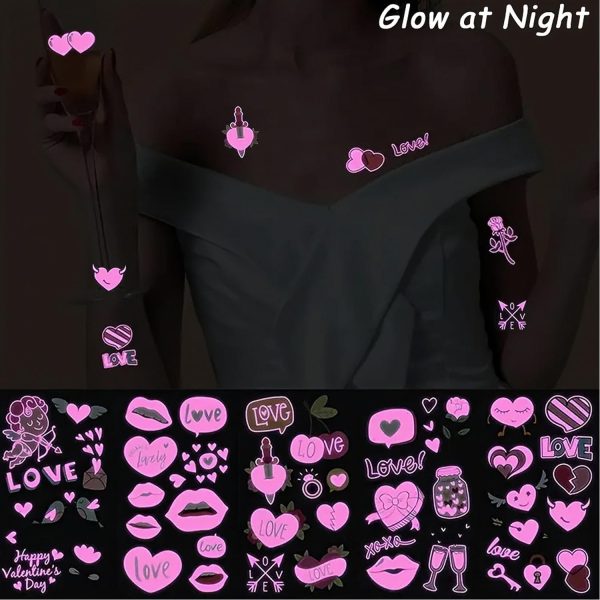 ⁦Tazweeq Valentines Day Temporary Tattoo Adult Kids, Romantic Red Heart Fake Tattoos, Love Gift Pink Luminous Tattoo Stickers, Glow at Night Semi Permanent Tattoo, for Women Valentines Decoration⁩ - الصورة ⁦3⁩