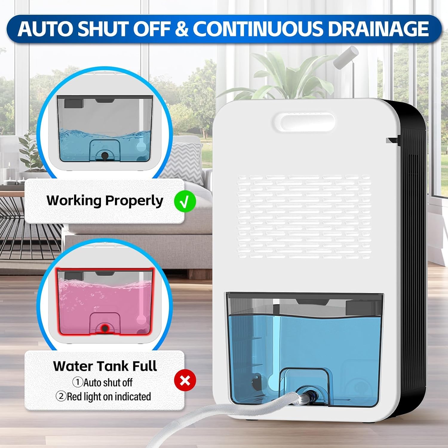 Dehumidifiers for Home (1000 Sq.Ft), 98 Oz Dehumidifier with Humidity Display, Drain Hose Dehumidifiers, Timer Setting, Auto Shut Off, Silent Mode Dehumidifier for Basement, Bedroom, White 6 Dehumidifiers for Home (1000 Sq.Ft), 98 Oz Dehumidifier with Humidity Display, Drain Hose Dehumidifiers, Timer Setting, Auto Shut Off, Silent Mode Dehumidifier for Basement, Bedroom, White - الصورة 6