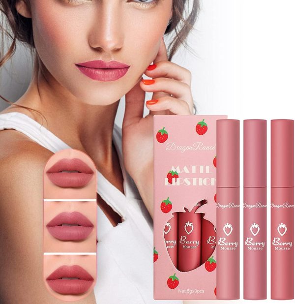 ⁦Beautishop 3Pcs Strawberry Set Matte Liquid Lipstick Makeup Set, Long Lasting Lip Gloss Non-Stick Cup is Not Easy to Fade, Waterproof Matte Lip Glaze Lipstick (C)⁩ - الصورة ⁦3⁩