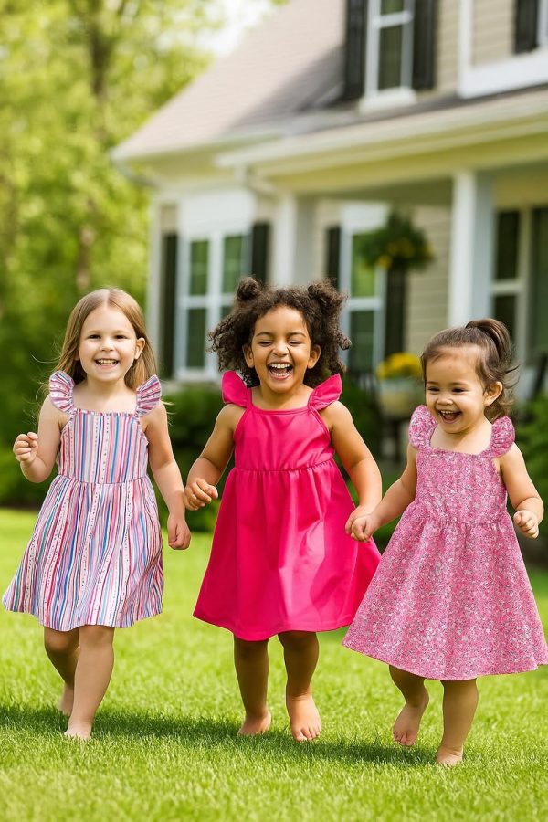 ⁦VeryNew 3-Pack Girls Sleeveless Dresses Color stripes Purple Solid Color Print Vest Dresses for 4-8 Years⁩ - الصورة ⁦3⁩