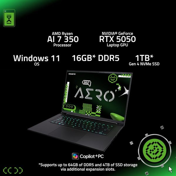 ⁦GIGABYTE - AERO X16-165Hz 2560x1600 WQXGA - NVIDIA GeForce RTX 5050 - AMD Ryzen AI 7 350-1TB SSD with 16GB DDR5 RAM - Windows 11 Home AERO X16 1TH93USC94AH⁩ - الصورة ⁦3⁩