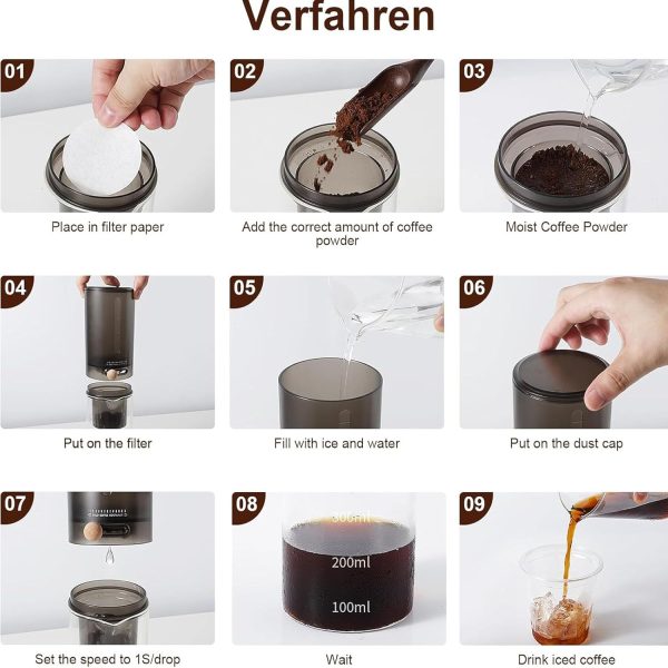 ⁦LinJie Cold Brew Coffee Machine, Cold Brew Coffee Maker Jar with Filter/Coffee Cold Drinks Machine, Drip Coffee Machines/Adjustable Drip Rate, Comes With 100 Filter Papers (Black)⁩ - الصورة ⁦4⁩