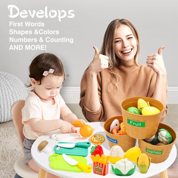 ⁦Kids Kitchen Chopping Toys, Pretend Fruit and Vegetable Accessories with Color Sorting Storage Basket, Plastic Mini Chopping Board and Knife, Toddler Educational Toys, Children's Birthday Gift (52)⁩ - الصورة ⁦6⁩