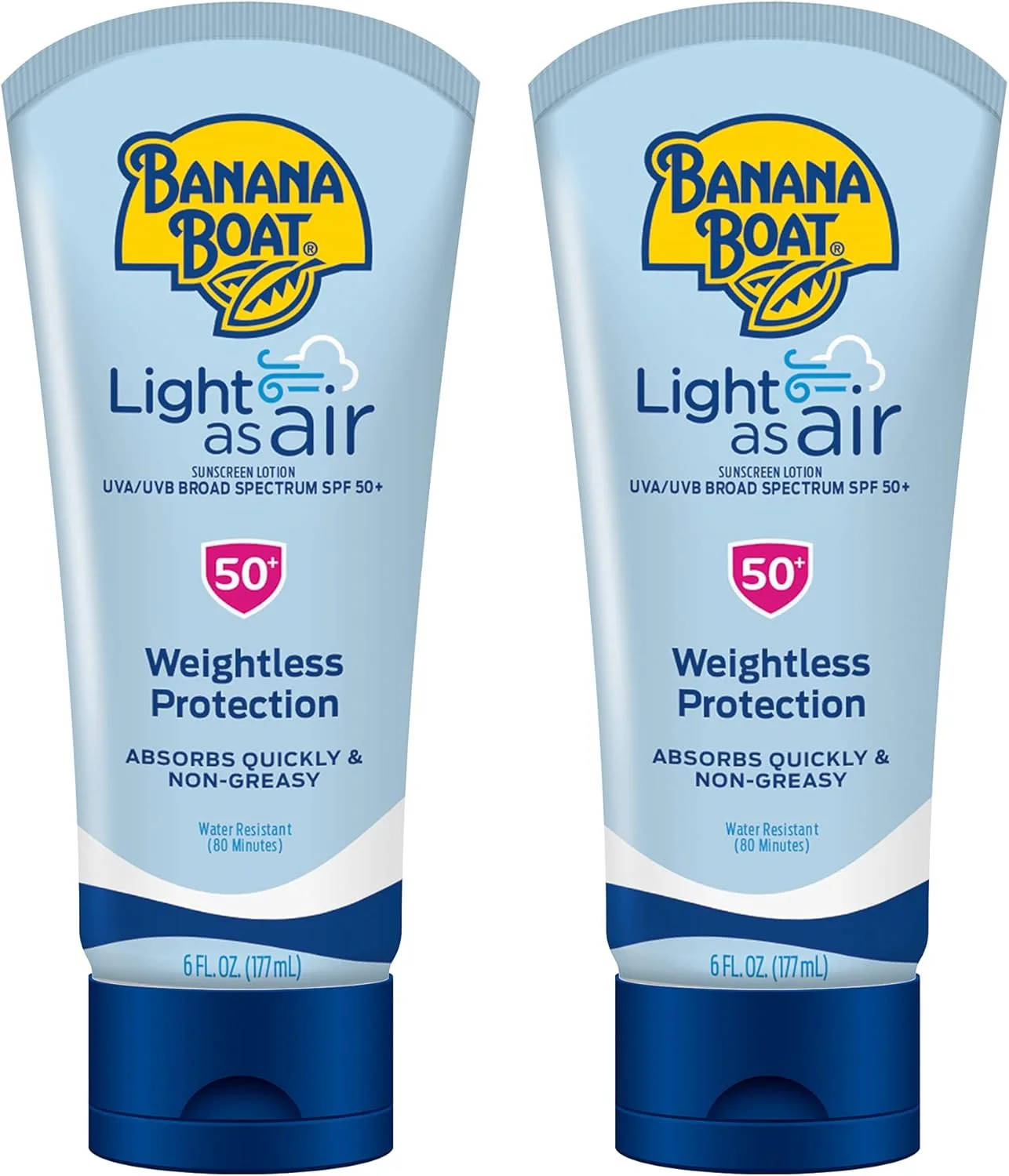 Banana Boat Light As Air Sunscreen Lotion SPF 50 Twin Pack | Lightweight Sunscreen, Lotion Sunscreen, Banana Boat Sunscreen Lotion for Body, Non-Greasy Sunscreen, Oxybenzone Free Sunscreen, 6oz each