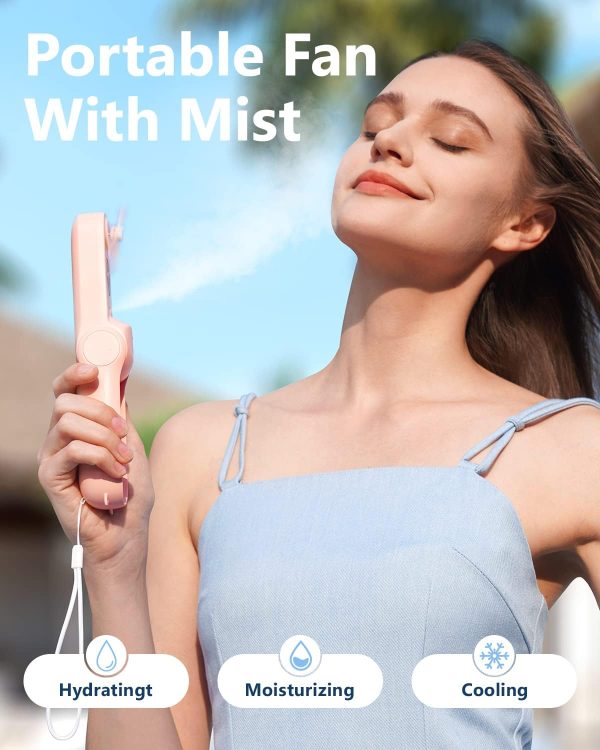 ⁦SWEETFULL Misting Fan Portable, Handheld Personal Mister Fans, Small Fan Rechargeable, Mini Spray Water Mist, Kids Women Portable Fans For Travel, Outdoors, Hiking, Camping Home Office (Pink)⁩ - الصورة ⁦2⁩