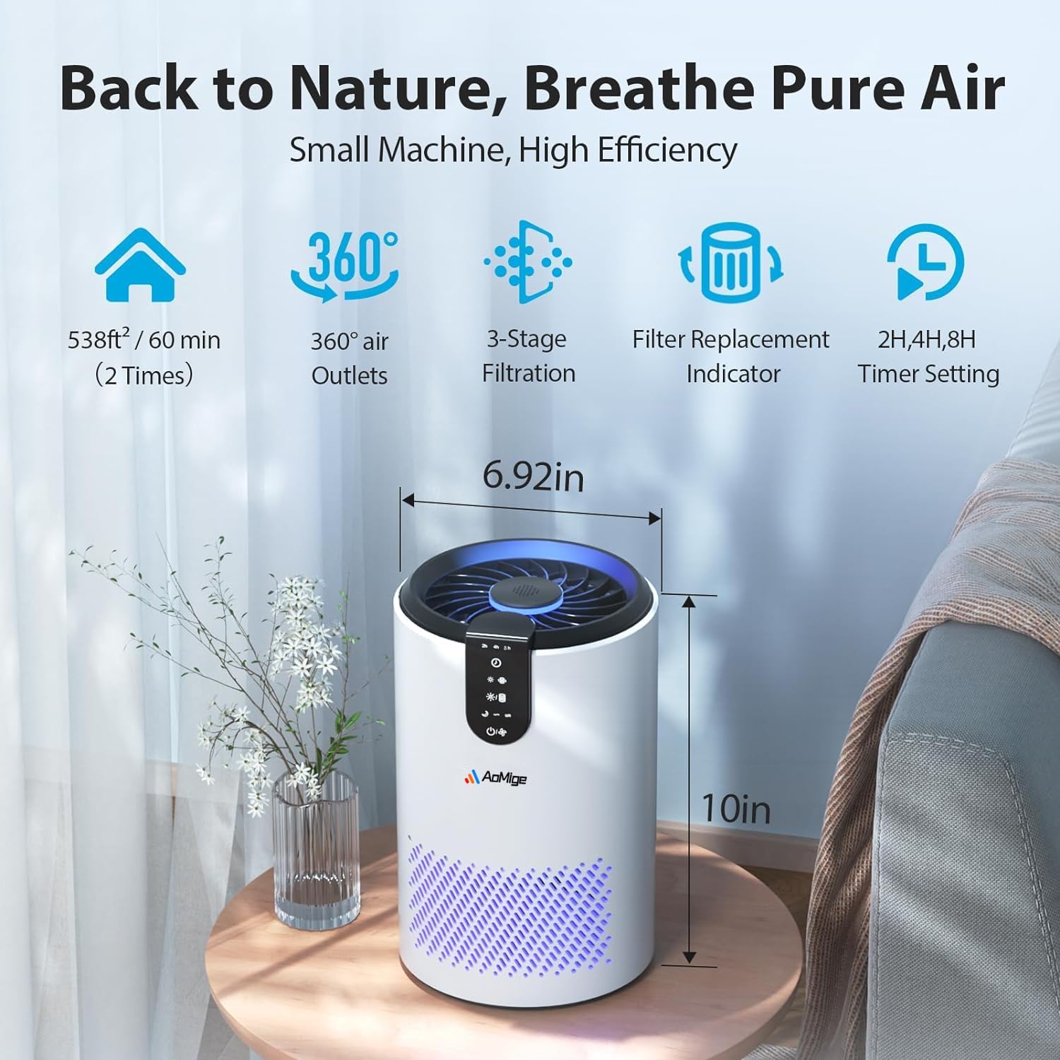AoMige® Air Purifier for Home Up to 538 Ft²/h, HEPA Air Cleaner 3-in-1 Filter for Pollen, Smoke, Dust, Portable Purifier with Sleep Mode, Timer For Bedroom Office Kitchen (White) 3 AoMige® Air Purifier for Home Up to 538 Ft²/h, HEPA Air Cleaner 3-in-1 Filter for Pollen, Smoke, Dust, Portable Purifier with Sleep Mode, Timer For Bedroom Office Kitchen (White) - الصورة 3