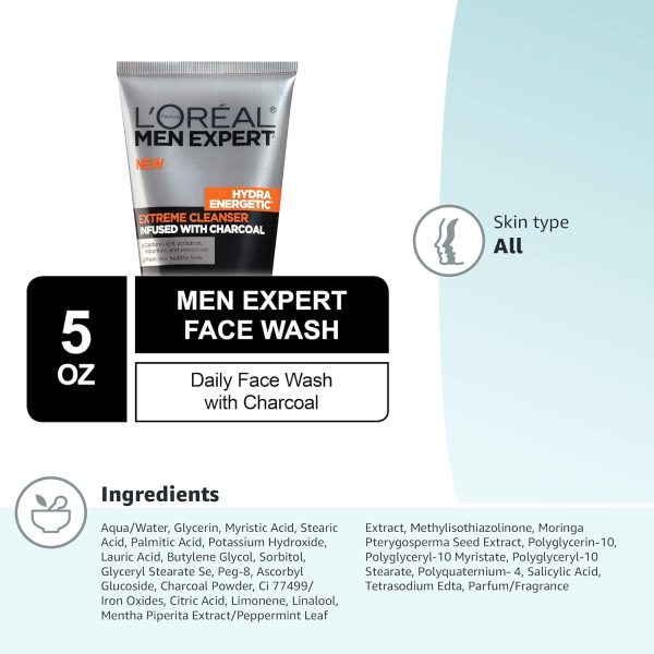 ⁦L’Oréal Paris Mens Face Wash, Beard and Skincare for Men, L'Oreal Skincare Men Expert Hydra Energetic Facial Cleanser with Charcoal for Daily Face Washing, 5 fl. Oz⁩ - الصورة ⁦7⁩