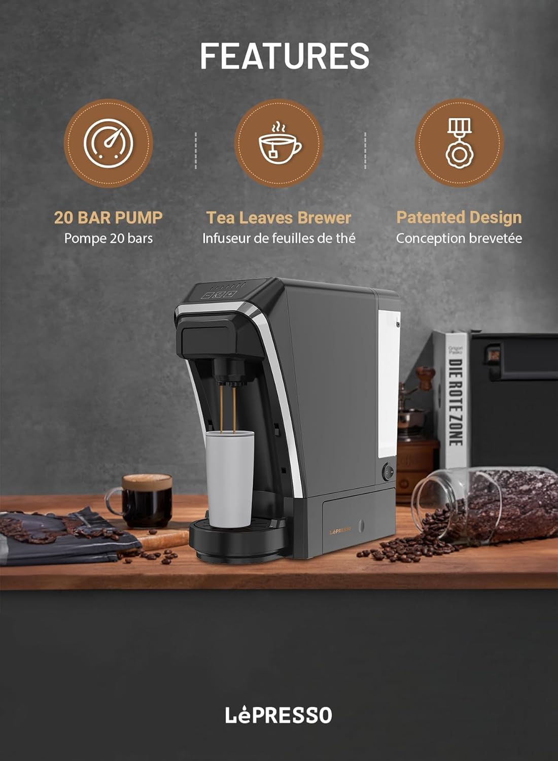 LePresso Multi-Capsule Tea & Coffee Machine, 20 Bar Italian Pump, Tea Leaves Brewer, Compatible with Multiple Coffee Capsules, 1400W Power, 1L Capacity, Patented Technology - Black 7 LePresso Multi-Capsule Tea & Coffee Machine, 20 Bar Italian Pump, Tea Leaves Brewer, Compatible with Multiple Coffee Capsules, 1400W Power, 1L Capacity, Patented Technology - Black - الصورة 7