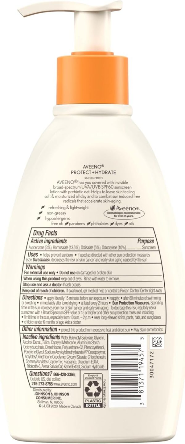 ⁦AVEENO BABY Protect + Hydrate Moisturizing Body Sunscreen Lotion With Broad Spectrum Spf 60 & Prebiotic Oat, Weightless, Paraben-free, Oil-free & Oxybenzone-free, Pump Bottle, 12.0 ounces, WHITE⁩ - الصورة ⁦7⁩
