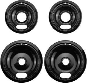 APPLIANCEMATES W10290350 W10290353 Burner Porcelain Drip Pans Set Replacement by Fits whirlpool Electric Range Stove Top Drip Bowls 4-Pack Includes 2 Large 8-Inch and 2 Small 6-Inch (Black)