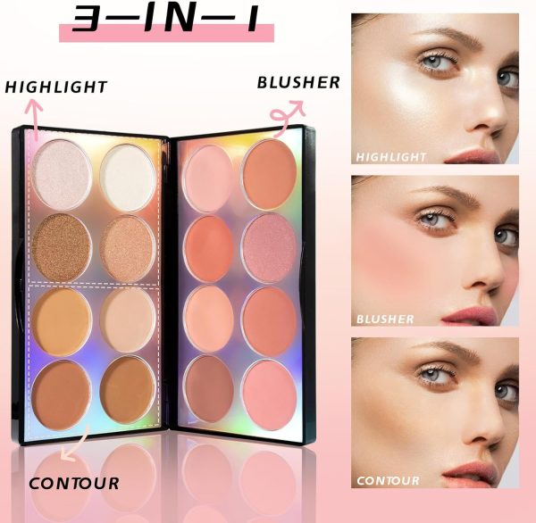 ⁦16 Colors Blush Contour Highlighter Makeup Palette with Brush, Matte Mineral Face Blush Powder for Cheek, Bright Shimmer Illuminator Bronzer Professional Facial Beauty Makeup Blushes Set⁩ - الصورة ⁦2⁩