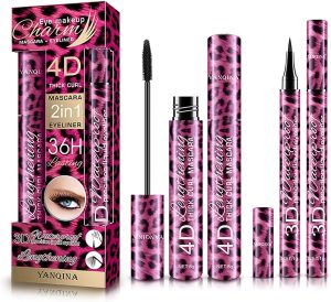 Noor Spark 2 In 1 4D Silk Fiber Eyelash Mascara and Long Lasting Liquid Eyeliner Set, Waterproof and No Smudge Eyeliner Pencil Eyes Makeup Kit, Good Gift for Women Girls (Black, Medium)