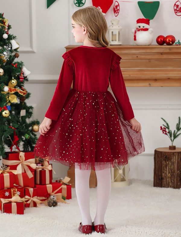 ⁦SEAUR Little Girls Long Sleeve Tutu Dress Sparkly Tulle Toddler Holiday Party Dress Ruffle Star Sequin Fall Winter Christmas Halloween 2-8 Years⁩ - الصورة ⁦2⁩