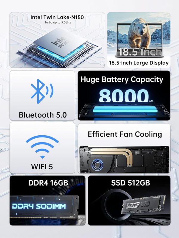 ⁦18.5" Laptop Computer with 8000 mAh Battery, Intel Quad-Core Processor(Up to 3.6GHz ),16GB DDR4 RAM 512GB SSD,Full HD IPS Display,Type-C,Webcam,2025 Windows 11 Laptops for Work Business Office Student⁩ - الصورة ⁦2⁩