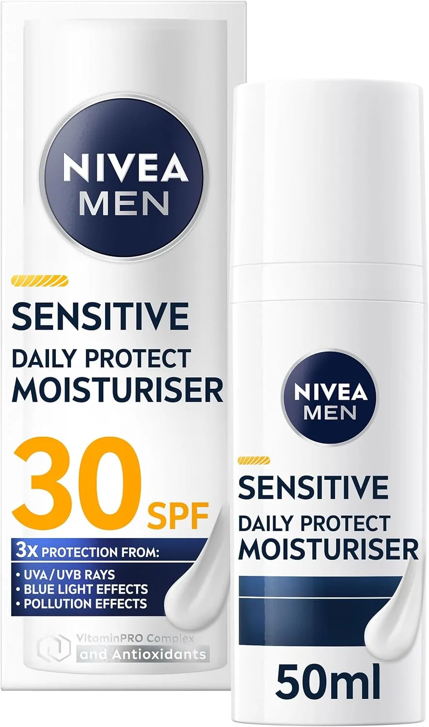 NIVEA MEN Sensitive Daily Protect Moisturiser SPF 30 (50ml), Moisturising Men's Face Cream Suitable For Sensitive Skin, Lightweight Face Moisturiser with UV Protection, Non-Greasy Formula