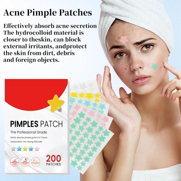 ⁦200Pcs Acne Pimple Patches, Hydrocolloid Acne Patch,Pimple Patches for Face, Colorful Star Pimple Spot Sticker with Hyaluronic Acid, for Covering Zits and Blemishes⁩ - الصورة ⁦2⁩