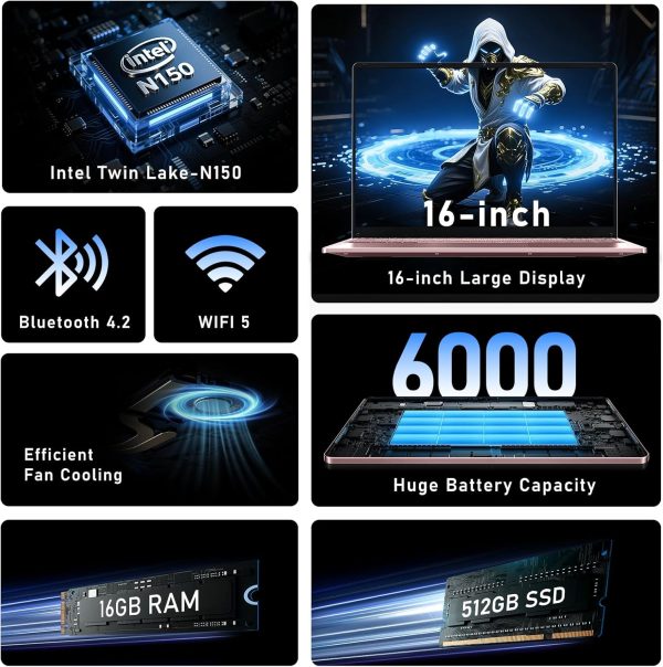 ⁦FUNYET Gaming Laptop, 16 Inch Laptop Computer with Win 11 Pro, 12th Gen N150 Processor(up to 3.6GHz), 16GB RAM 512GB SSD, Backlit Keyboard, FHD 1920 * 1200, Bluetooth. Rose Gold.⁩ - الصورة ⁦2⁩