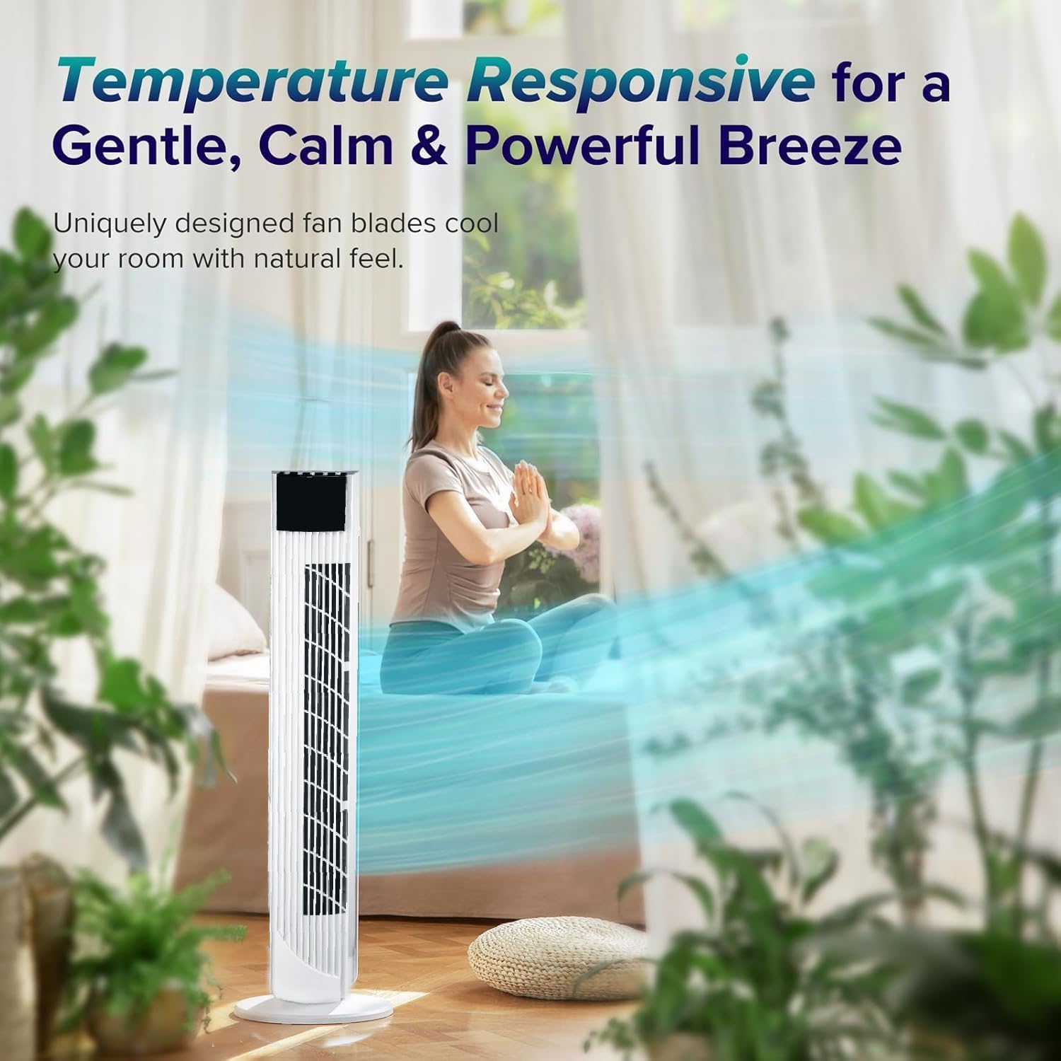 Jorunb Tower Fan with Remote 90 Oscillation Bladeless Standing Fan 27ft/s High-Speed 34dB Quiet Floor Fan Pedestal Fans with 3 Speeds 3 Modes 12H Timer Temperature LED Display (White) 3 Jorunb Tower Fan with Remote 90 Oscillation Bladeless Standing Fan 27ft/s High-Speed 34dB Quiet Floor Fan Pedestal Fans with 3 Speeds 3 Modes 12H Timer Temperature LED Display (White) - الصورة 3