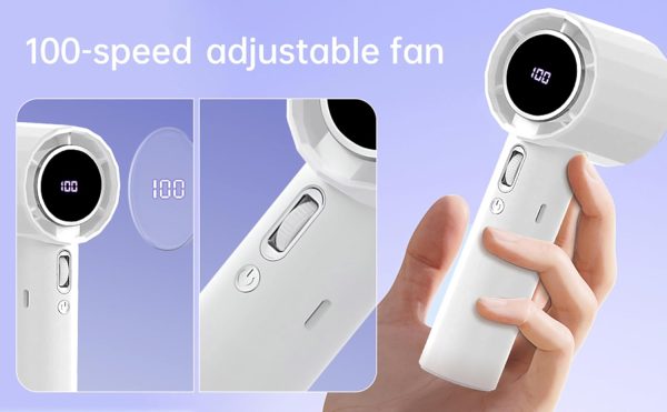 ⁦FOTN 2025 Portable Handheld Fan, High Speed Turbo Personal Fan with 100 Speed Adjustable & 3600mAh Battery USB Rechargeable, Digital Display, for Travel Camping Outdoor, Gifts for Women Men (White)⁩ - الصورة ⁦8⁩