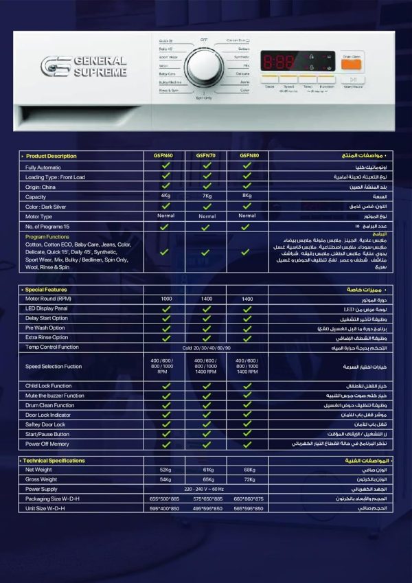 ⁦General Supreme Washing Machine Automatic Front Load 15 KG , Inverter, Dark Silver, GSFL150WH⁩ - الصورة ⁦3⁩