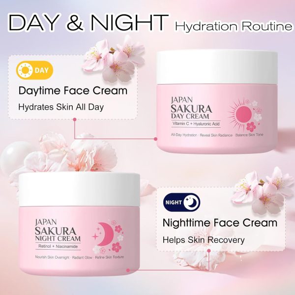 ⁦2 Pieces Sakura Day Cream & Night Cream Duo for Teenage Girls, Anti-Ageing Face Cream Set with Retinol, Hyaluronic Acid and Vitamin C, Day and Night Cream Moisturising Cream for Women⁩ - الصورة ⁦2⁩