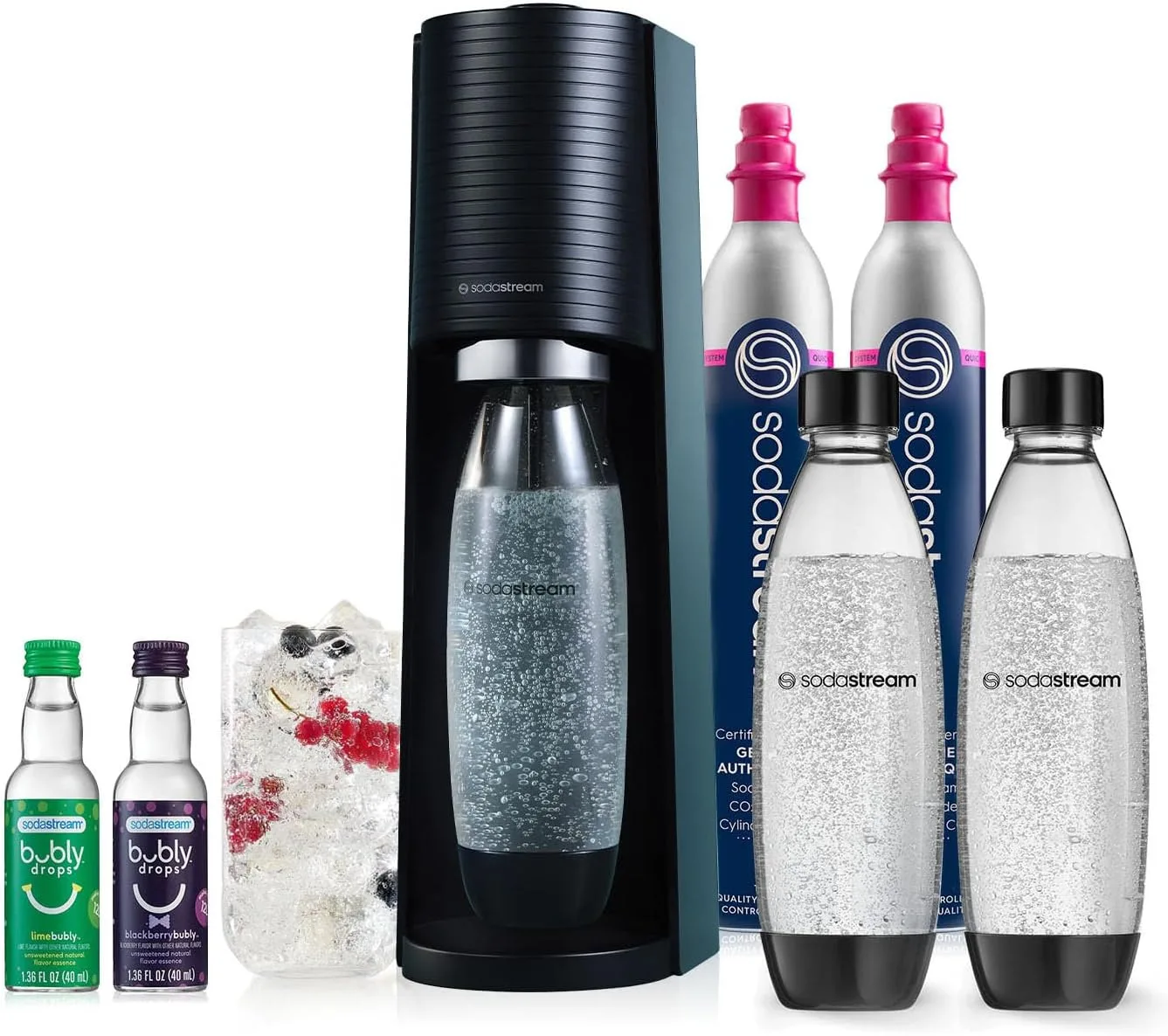 SodaStream - Terra Sparkling Water Maker | VALUE BUNDLE | CQC CO2 system | Includes 2x CO2 Cylinders, 3x 32 Fl Oz Dishwasher Safe Bottles, 2x Bubly Flavor Drops | Combine with Pepsi Flavors | Black