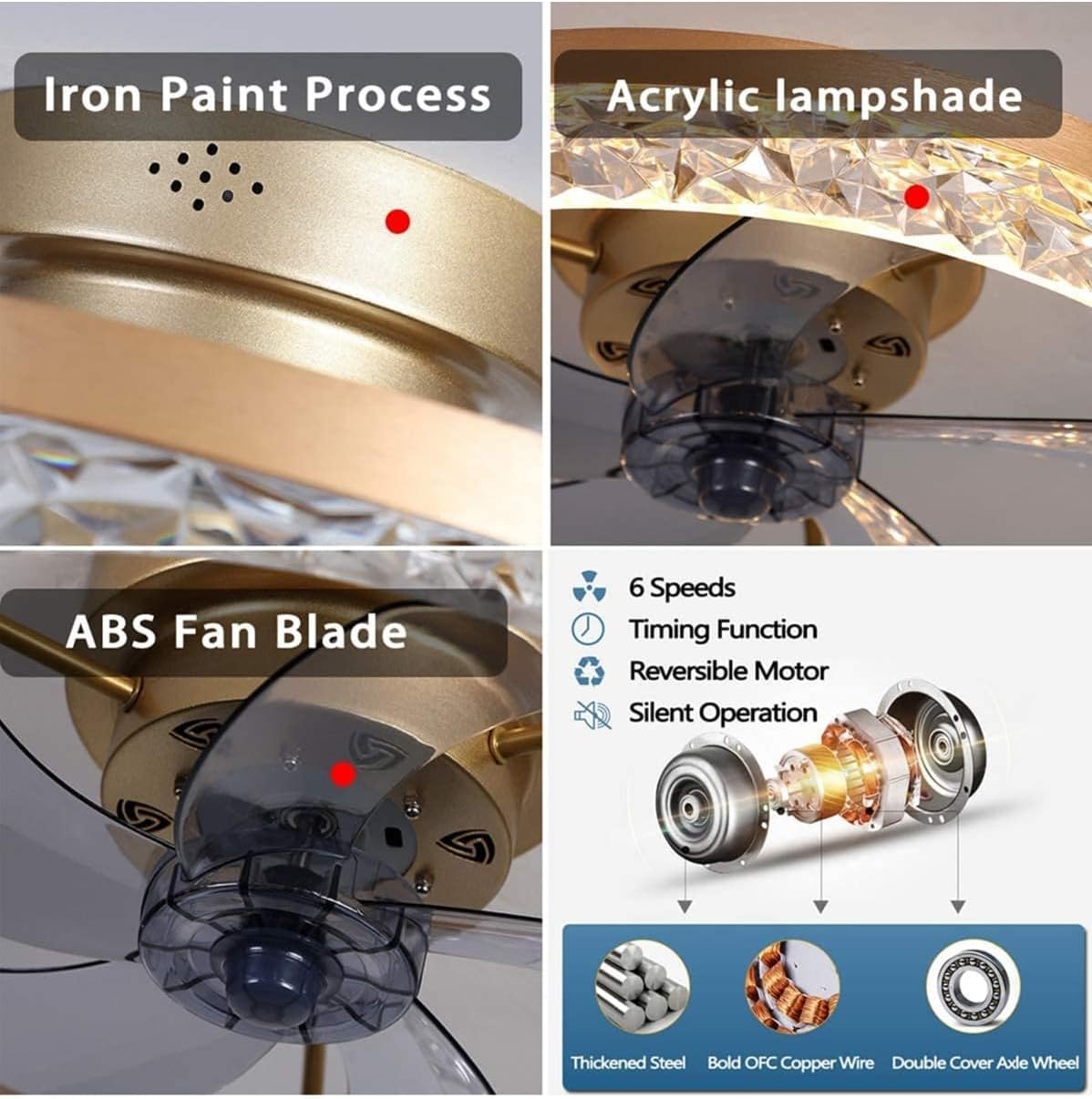 Ceiling fan with light, luxury crystal ceiling fan with remote control, 6 adjustable speeds, embedded ceiling fan 50 * 16.5 cm, suitable for living room bedroom (30W) 4 Ceiling fan with light, luxury crystal ceiling fan with remote control, 6 adjustable speeds, embedded ceiling fan 50 * 16.5 cm, suitable for living room bedroom (30W) - الصورة 4