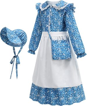 Colonial Pioneer Dress,Long Sleeve Colonial Dress Village Costumes | Cosplay Clothing for Daughter School Halloween Daily Up Easter Theater Photoshoot Toddler Picnics Events