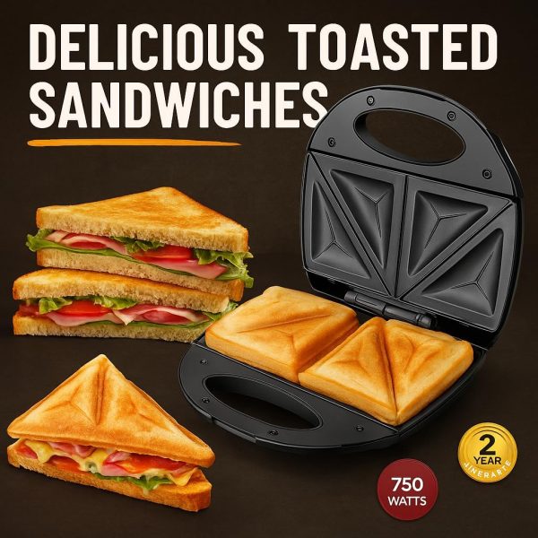 ⁦Home Master Electric Sandwich Maker 750W – Toasts 2 Triangular Slices with Non-Stick Surface and 2-Year Warranty⁩ - الصورة ⁦3⁩