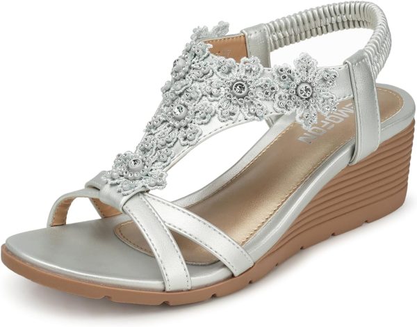 TEMOFON Wedge Sandals for Women Casual Summer Comfortable Bohemia Beach Sandals Open Toe Mid Heel Rhinestones Platform Shoes Sandal