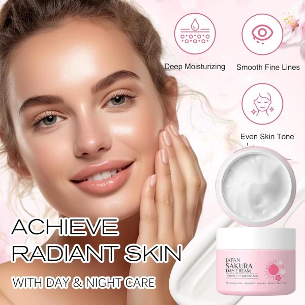 ⁦2 Pieces Sakura Day Cream & Night Cream Duo for Teenage Girls, Anti-Ageing Face Cream Set with Retinol, Hyaluronic Acid and Vitamin C, Day and Night Cream Moisturising Cream for Women⁩ - الصورة ⁦3⁩