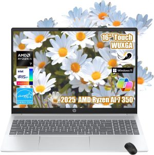 HP OmniBook 5 Copilot+ AI PC, 16" 2K (1920x1200) Touchscreen, 32GB LPDDR5x RAM, 2TB SSD, AMD Ryzen AI 7 350 Up to 5GHz, Backlit KB, Windows 11 Home, W/Mouse