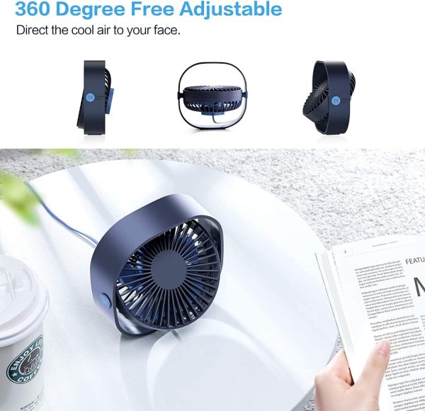 ⁦Arabest USB Desk Fan, 3 Speeds Strong Wind Cooling Portable Fan, 360°Rotatable Mini Fan for desk, Ultra Quiet Desktop Small Personal Fan for Desktop, Home, Office, Car, Outdoor Travel (Blue)⁩ - الصورة ⁦6⁩
