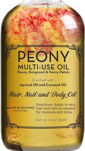 BEAUTE DE PROVENCE Peony Multi-Use Oil for Face, Body and Hair - Organic Blend of Apricot, Vitamin E Sweet Almond Oil for Dry Skin, Rose Petals & Bergamot Essential Oil - 4 Fl Oz