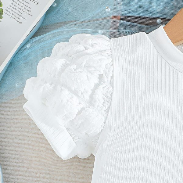 ⁦Guodeunh Toddler Girl Summer Outfits Puff Short Sleeve Ribbed Knit Tops Mini Skirt Set Cute Girl Clothes⁩ - الصورة ⁦5⁩