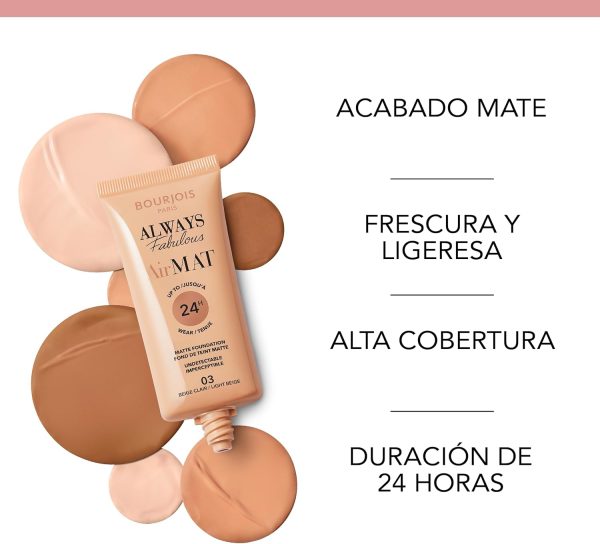 ⁦Bourjois Always Fabulous Air Mat Foundation - Lightweight Liquid Foundation - Natural Skin-Matte Finish - Long-Lasting Wear - Full Coverage - Up To 24hrs - Sensitive Skin - 30ml - 003 Light Beige⁩ - الصورة ⁦5⁩