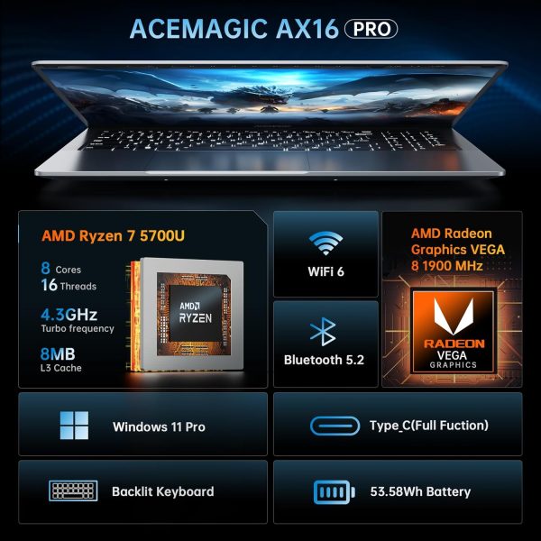 ⁦2025 AMD Laptop, 16.1inch Laptop Computer with AMD Ryzen 7 5000 Series(8C/16T, Up to 4.3GHz), 16GB RAM 512GB NVMe SSD Windows 11 Laptop, Radeon RX Vega 8 Graphics,WiFi 6, Backlit KB⁩ - الصورة ⁦2⁩