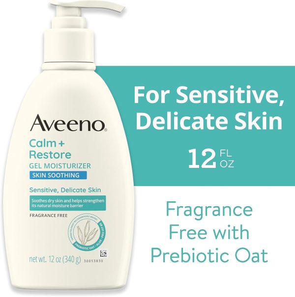 ⁦Aveeno Calm + Restore Gel Body Moisturizer for Sensitive, Delicate Skin, Lightweight Daily Dry Skin Healing Moisturizer with Prebiotic Oat, Aloe & Pro-Vitamin B5, Fragrance Free, 12 oz⁩ - الصورة ⁦8⁩