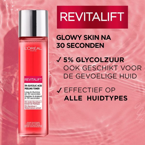 ⁦L'Oréal Paris - Smoothing and Exfoliating Facial Peeling Lotion - Removes Blackheads, Enlarged Pores & Blemishes - Glycolic Acid 5% - Revitalift Toner Peeling - 180ml⁩ - الصورة ⁦5⁩