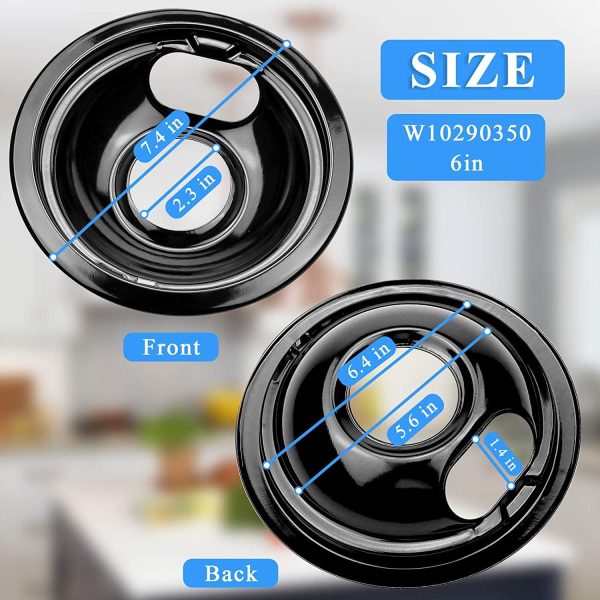 ⁦APPLIANCEMATES W10290350 W10290353 Burner Porcelain Drip Pans Set Replacement by Fits whirlpool Electric Range Stove Top Drip Bowls 4-Pack Includes 2 Large 8-Inch and 2 Small 6-Inch (Black)⁩ - الصورة ⁦2⁩