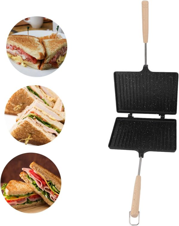 ⁦gernie Sandwich Maker Grill, Aluminum Alloy Non Stick Sandwich Toaster with Removable Wooden Handle Double Sided Sandwich Hand Toaster for Cooking Breakfast, Grilled Cheese⁩ - الصورة ⁦6⁩