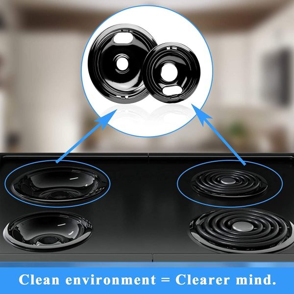 ⁦APPLIANCEMATES W10290350 W10290353 Burner Porcelain Drip Pans Set Replacement by Fits whirlpool Electric Range Stove Top Drip Bowls 4-Pack Includes 2 Large 8-Inch and 2 Small 6-Inch (Black)⁩ - الصورة ⁦5⁩