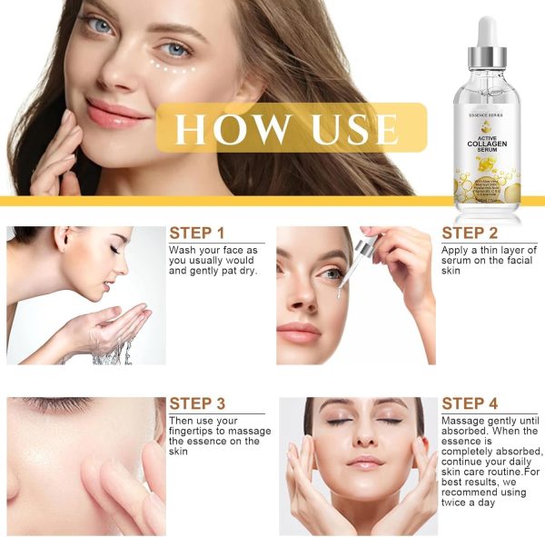 ⁦2PCS Active Collagen Serum - Natural & Organic Anti-Aging Collagen Serum for Face Improves Elasticity, Evens Skin Tone, Lifts, Firms & Smooths Skin - Collagen Facial Serum for All Skin⁩ - الصورة ⁦4⁩