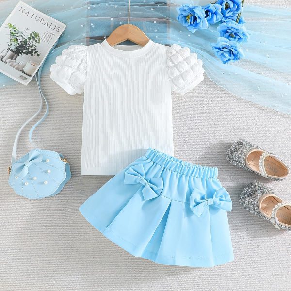 ⁦Guodeunh Toddler Girl Summer Outfits Puff Short Sleeve Ribbed Knit Tops Mini Skirt Set Cute Girl Clothes⁩ - الصورة ⁦2⁩