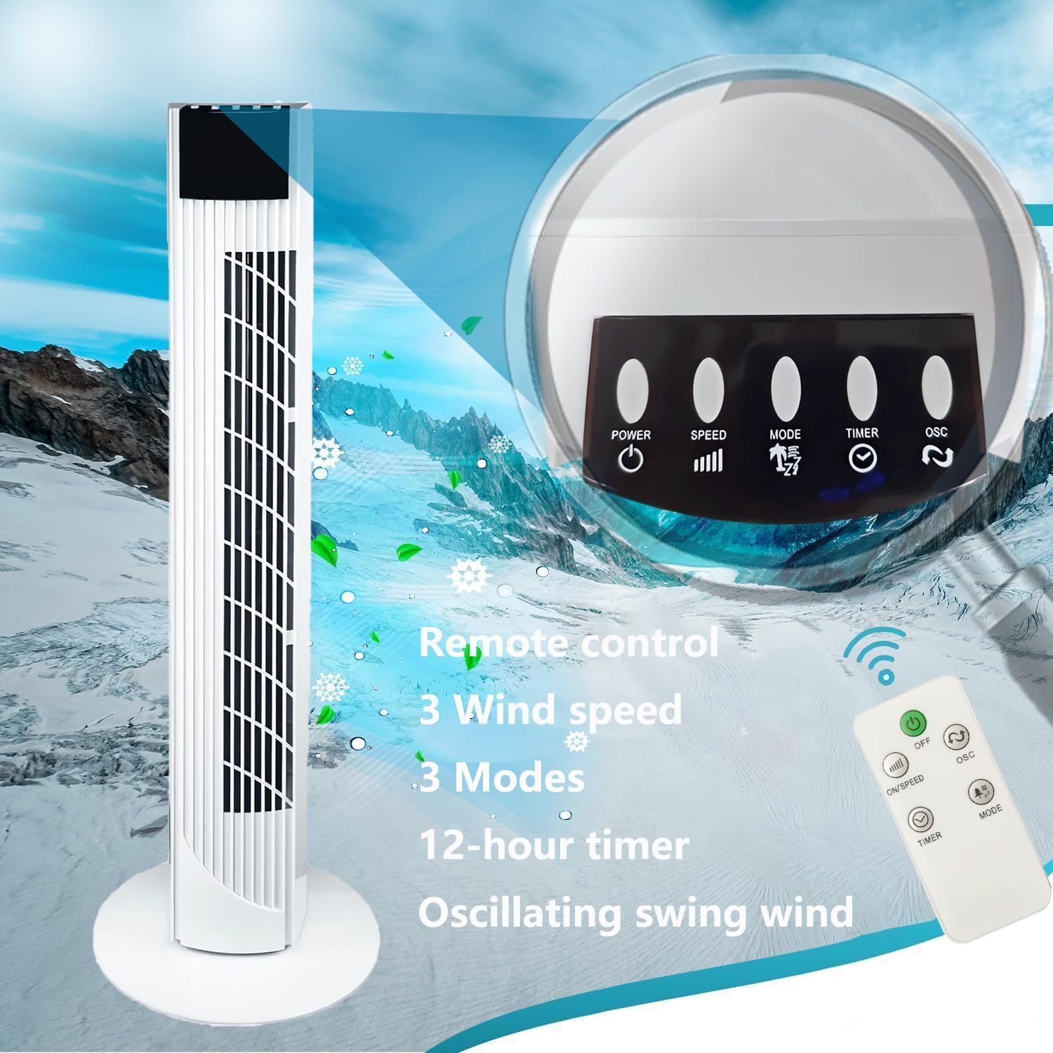 Jorunb Tower Fan with Remote 90 Oscillation Bladeless Standing Fan 27ft/s High-Speed 34dB Quiet Floor Fan Pedestal Fans with 3 Speeds 3 Modes 12H Timer Temperature LED Display (White) 6 Jorunb Tower Fan with Remote 90 Oscillation Bladeless Standing Fan 27ft/s High-Speed 34dB Quiet Floor Fan Pedestal Fans with 3 Speeds 3 Modes 12H Timer Temperature LED Display (White) - الصورة 6