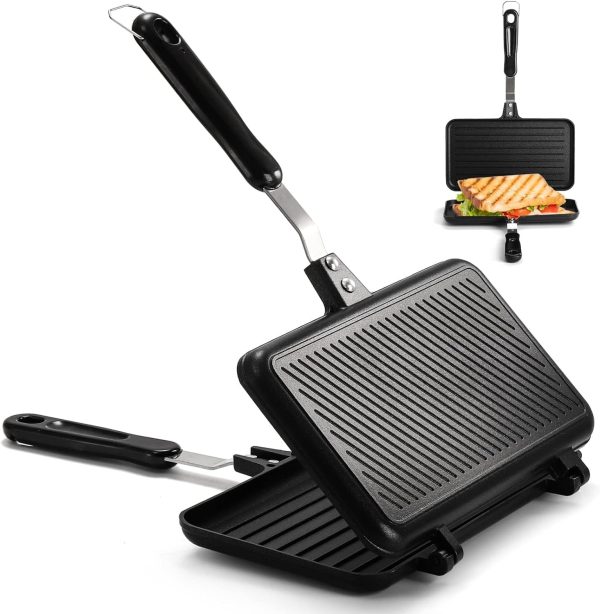⁦ALMEKAQUZ Sandwich Maker, Grilled Sandwich and Panini Maker Pan, with Non-Stick Plates and Handle, Stovetop Toasted Sandwich Maker Aluminum Flip Pan for Home Kitchen, Camping Cookware Equipment.⁩ - الصورة ⁦5⁩