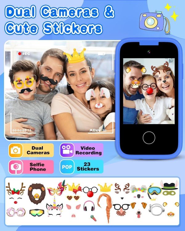⁦Kids Smart Phone for Boys, Christmas Birthday Gifts for Boy Girl Age 3-10 Kids Toys Cell Phone, 2.8" Touchscreen Toddler Learning Play Toy Phone with Dual Camera, Game, Music Player, 8GB Card (Blue)⁩ - الصورة ⁦4⁩