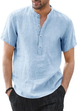 Runcati Mens Linen Henley Shirts Beach Short Sleeve Cotton Tops Lightweight Tees Plain Summer T Shirt